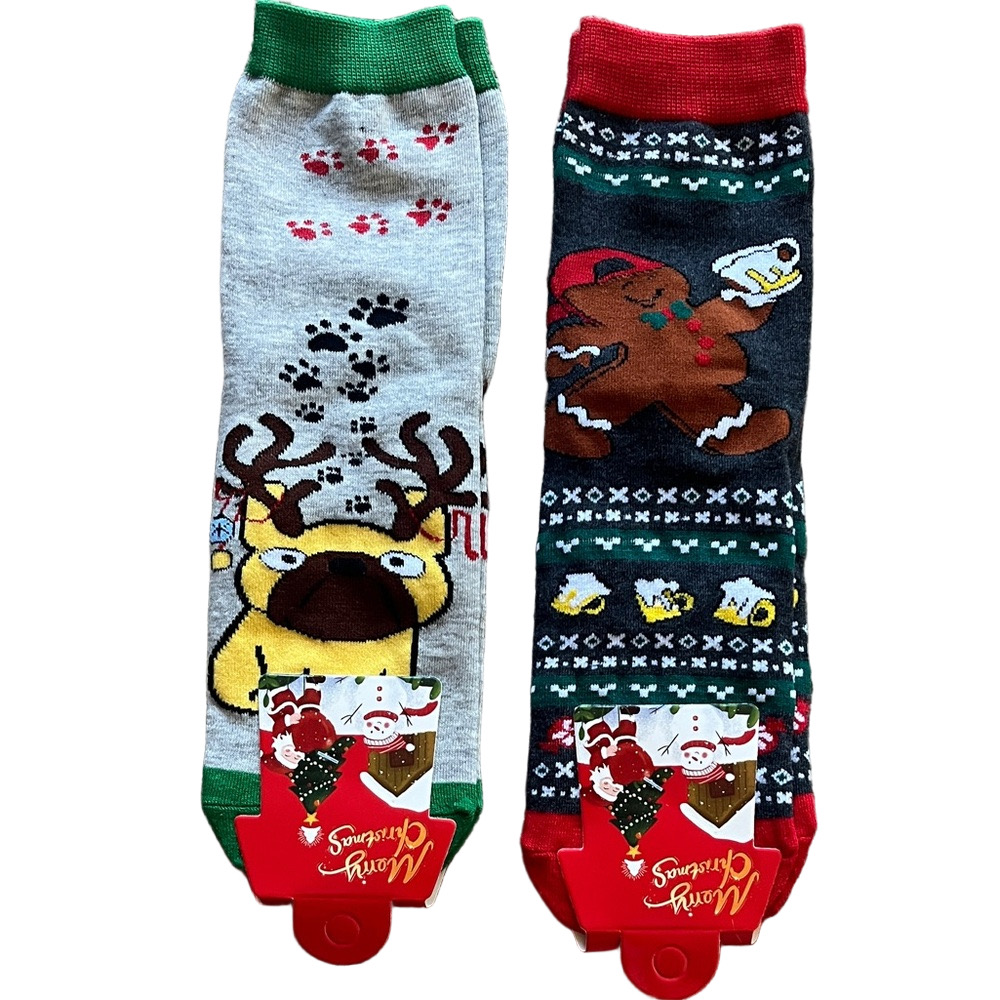 🇺🇸Funny Christmas Themed Socks with Doggie Reindeer & Bear Drinking Gingerbread